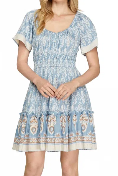 She + Sky Bell Sleeve Border Print Woven Mini Dress In Light Blue In Multi