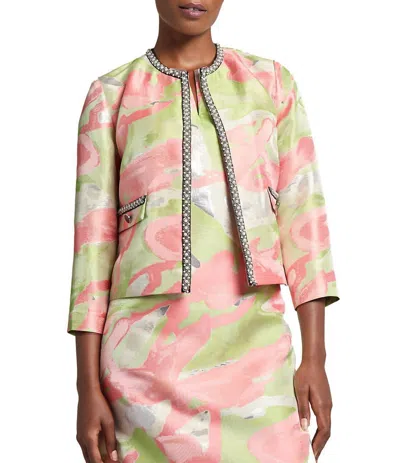 Ming Wang Printed Jacquard Round Neck 3/4 Sleeve Peral Trim Jacket In Lime/tangerine/silver Print In Multi