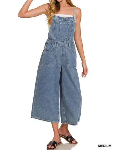 Zenana Zoe Wide Leg Overalls In Denim Wash In Blue