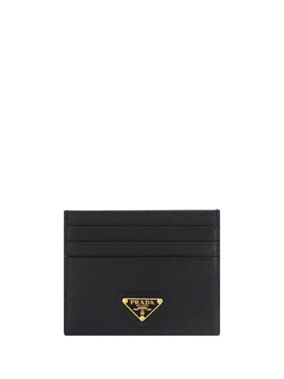 Prada Triangle Logo Calf Leather Cardholder In Black