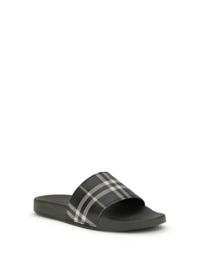 Burberry Men Dark Green Sandals With Check Motif On The Front In Rubber Man In Green