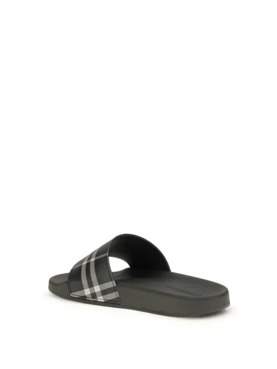 Burberry Men Dark Green Sandals With Check Motif On The Front In Rubber Man In Green