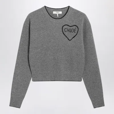 Chloé Cashmere And Wool Cropped Crew Neck Sweater In Gray