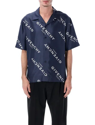 Givenchy Convertible-collar Logo-print Silk-twill Shirt In Blue