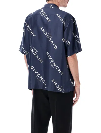 Givenchy Convertible-collar Logo-print Silk-twill Shirt In Blue