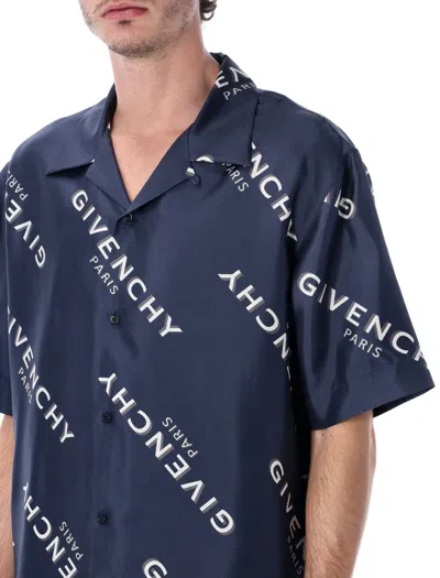 Givenchy Convertible-collar Logo-print Silk-twill Shirt In Blue