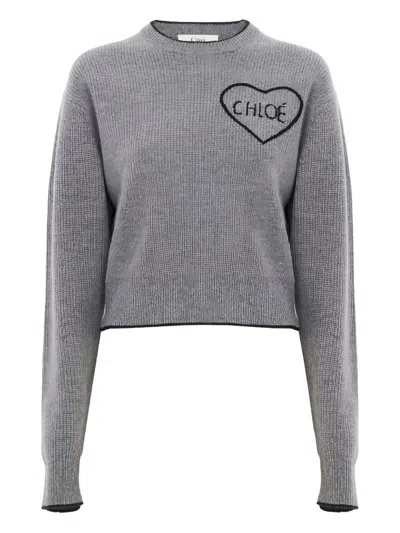 Chloé Cashmere And Wool Cropped Crew Neck Sweater In Gray