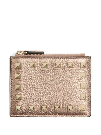 Valentino Rockstud Leather Coin Purse In Brown