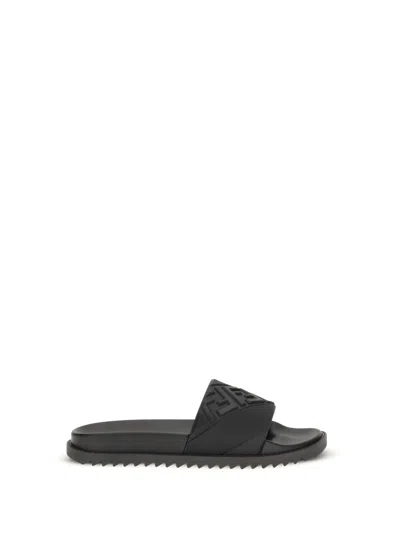 Fendi Rubber Slides With High Strap And Embossed Ff Motif Shoes In Black