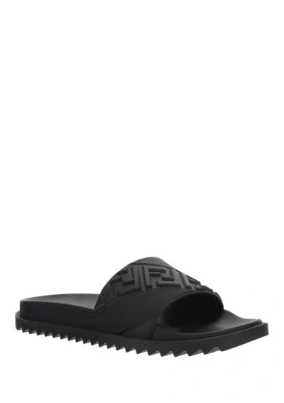 Fendi Rubber Slides With High Strap And Embossed Ff Motif Shoes In Black