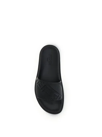 Fendi Rubber Slides With High Strap And Embossed Ff Motif Shoes In Black