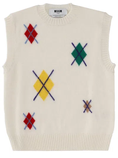 Msgm "argyle Multicolor" Pattern Vest In Neutral
