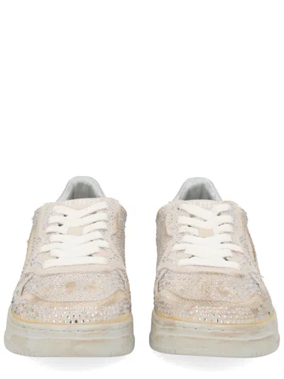 Autry Medalist Low Sneakers In Worn-out Effect Suede With Rhinestones In White