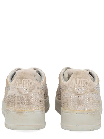 Autry Medalist Low Sneakers In Worn-out Effect Suede With Rhinestones In White