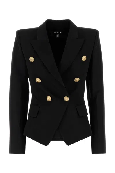 Balmain Double-breasted Grain De Poudre Wool Blazer In Black