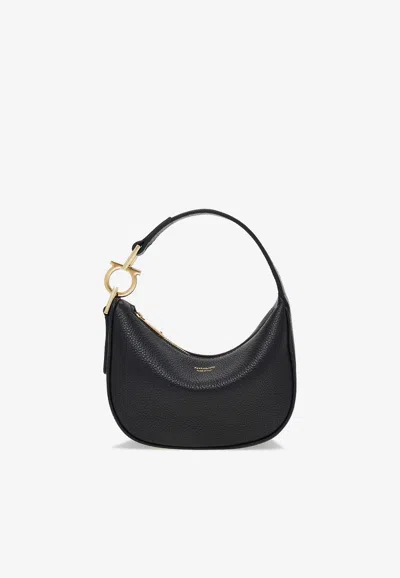 Ferragamo Black Handbag With Top Handle With Gancini And Embossed Logo Lettering On The Front In Grained Leath In Black