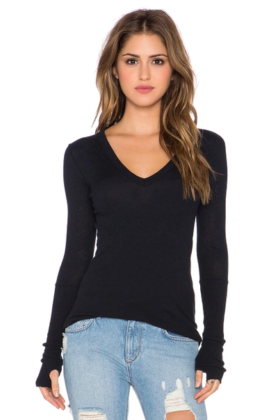 Enza Costa Cashmere Cuffed V Neck Long Sleeve Tee In Cadet