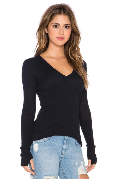 Shop Enza Costa Cashmere Cuffed V Neck Long Sleeve Tee In Cadet