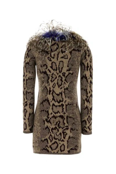 Valentino Long Sleeve Cashmere Dress With Embroidery And Feathers In Brown