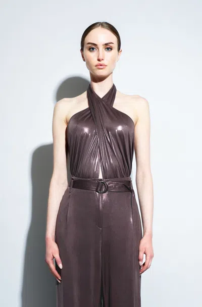 Lapointe Coated Jersey Halter Cutout Bodysuit In Brown