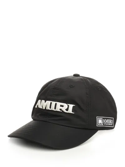 Amiri Men Black Baseball Cap With With Logo Lettering Embroidery In Tech Fabric Man In Black