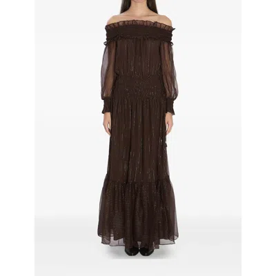 Self-portrait Brown Georgette Off Shoulder Maxi Dresses Brown In Brown