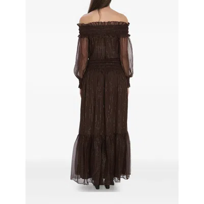 Self-portrait Brown Georgette Off Shoulder Maxi Dresses Brown In Brown