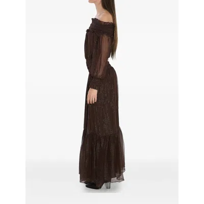 Self-portrait Brown Georgette Off Shoulder Maxi Dresses Brown In Brown