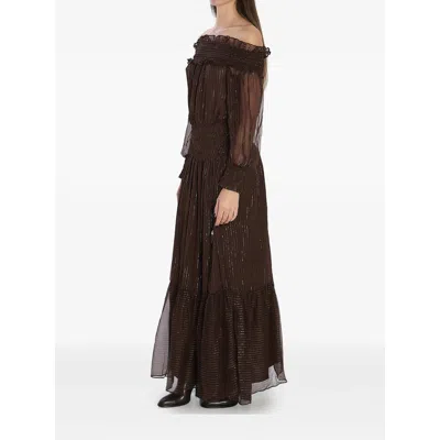 Self-portrait Brown Georgette Off Shoulder Maxi Dresses Brown In Brown
