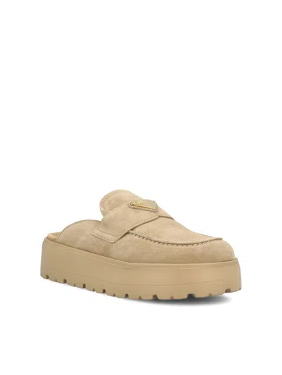 Prada Suede Flatform Mules In Brown