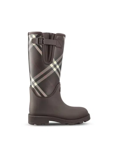 Burberry Rubber Marsh Stamp Check Rain Boots In Brown