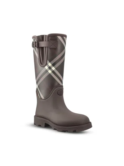 Burberry Rubber Marsh Stamp Check Rain Boots In Brown