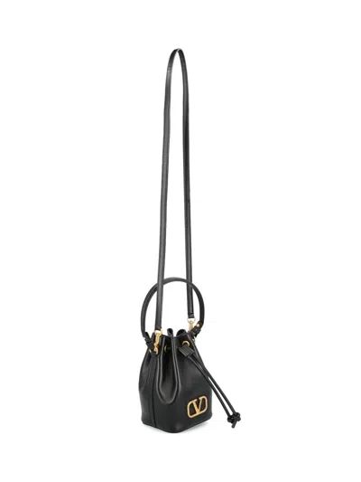 Valentino V-logo Drawstring Leather Bucket Bag In Black