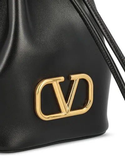 Valentino V-logo Drawstring Leather Bucket Bag In Black