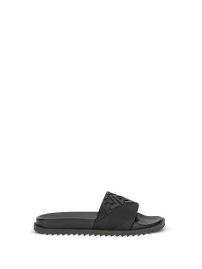 Fendi Rubber Slides With High Strap And Embossed Ff Motif Shoes In Black