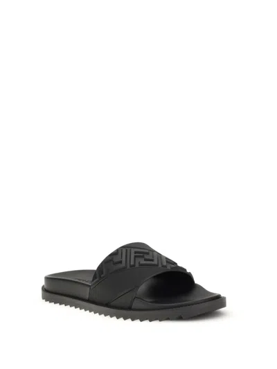 Fendi Rubber Slides With High Strap And Embossed Ff Motif Shoes In Black