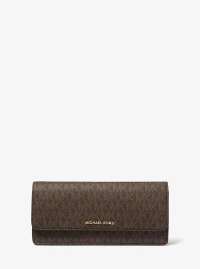 Michael Kors Jet Set Large Signature Logo Snap-front Wallet In Brown