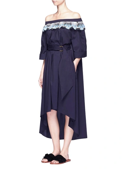 Shop Peter Pilotto Deco Lace Belted Off-shoulder Dress