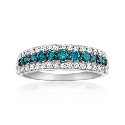 Ross-simons Blue And White Diamond 3-row Ring In 14kt White Gold In Metallic