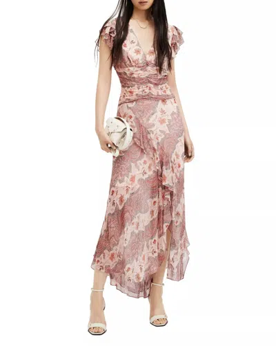 Allsaints Brea Cascade V-neck Ruffled Dress In Clay Pink In Multi