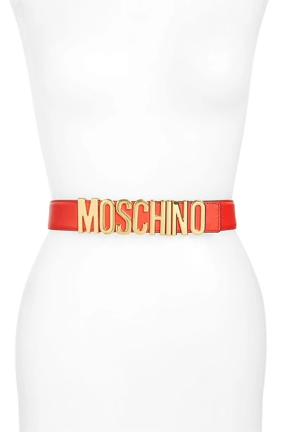 Shop Moschino Logo Plate Leather Belt In Red