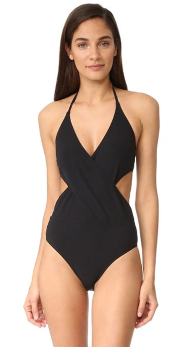 Tory Burch Solid Wrap-front One-piece Swimsuit In Black