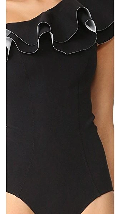 Shop Lisa Marie Fernandez Arden Double Ruffle Maillot In Black/black Bonded