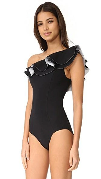 Shop Lisa Marie Fernandez Arden Double Ruffle Maillot In Black/black Bonded