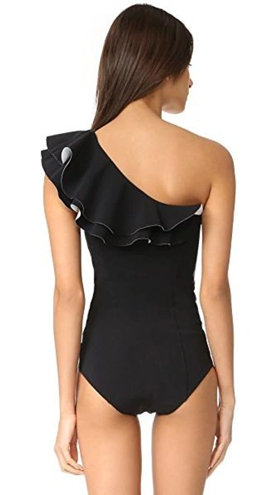 Shop Lisa Marie Fernandez Arden Double Ruffle Maillot In Black/black Bonded