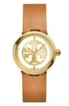 Tory Burch 'reva' Logo Dial Leather Strap Watch, 28mm In Yellow Gold