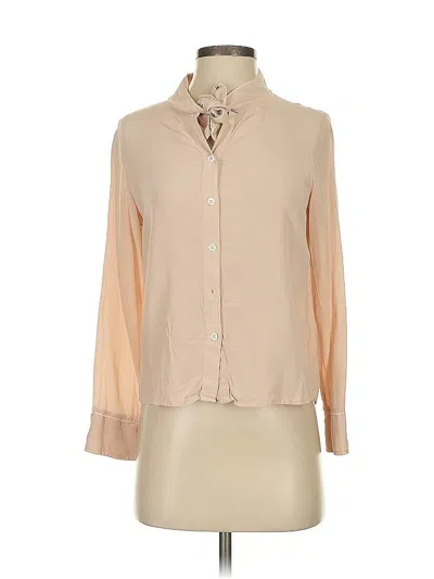 Pre-owned Petite Studio New York 3/4 Sleeve Silk Top Tan Color Block Pattern Mock Neckline Tops In Brown