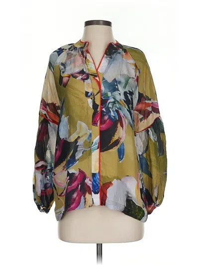 Pre-owned Vineet Bahl 3/4 Sleeve Silk Top Yellow Print Pattern Open Neckline Tops
