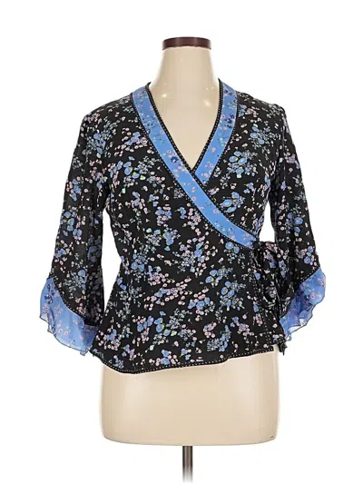 Pre-owned Nanette Lepore 3/4 Sleeve Silk Top Blue Floral Pattern V-neck Tops