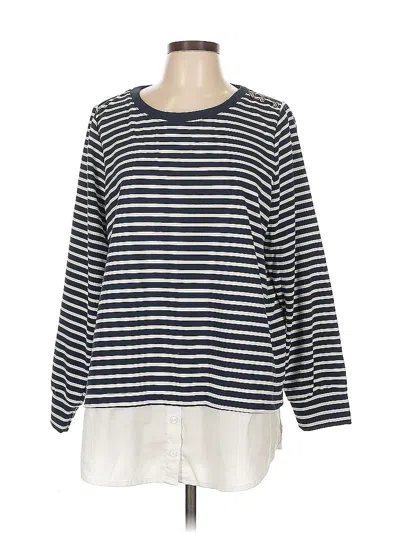 Pre-owned Isaac Mizrahi Live Long Sleeve Top Blue Stripes Pattern Boatneck Tops